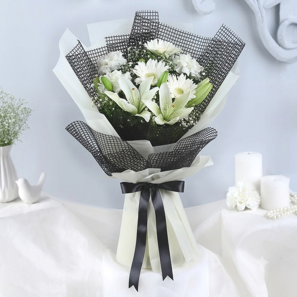 Elegant White Lily & Daisy Bouquet - Image 1